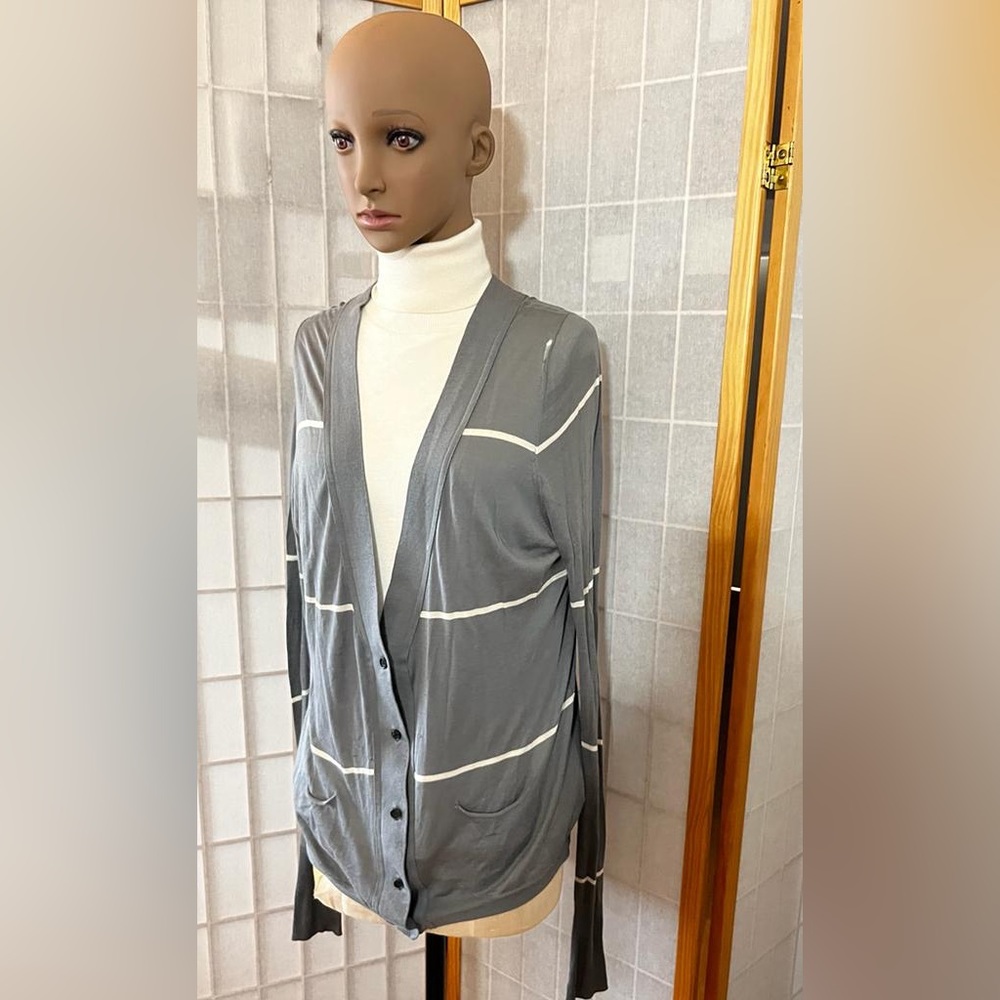 Grey and white striped Cardigan Sweater